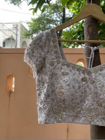 Hand Embroidered Silver Silk Blouse: Zardosi Maggam Wedding Crop Top/silver hand work blouse/bridal mix and match blouse,plus size blouses