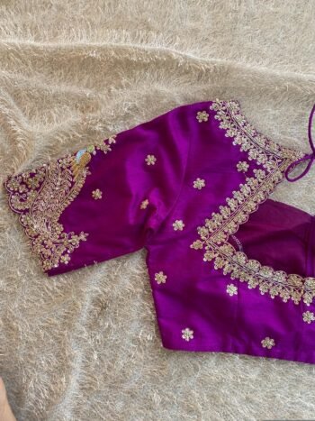 Hand Embroidered Silk Saree Blouse: Purple Zardosi Maggam Work