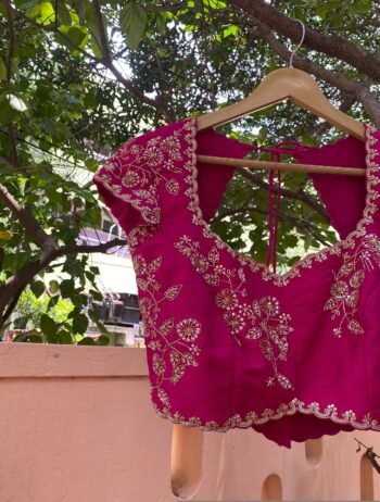 Pink Hand Embroidered Silk Blouse: Zardosi Saree Crop Top