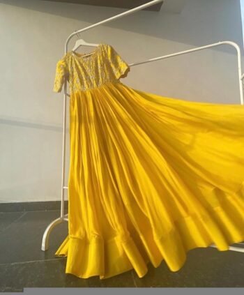Hand Embroidered Yellow Silk Anarkali Dress: Indian Zardosi Kurta