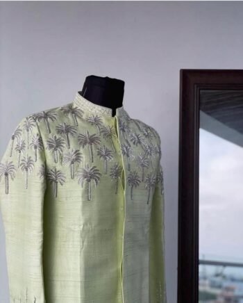 Hand Embroidered Silk Kurta Set: Indian Wedding Sherwani, Green Menswear