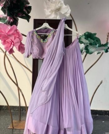 Lavender Silk Lehenga Set: Hand Embroidered Crop Top, Indian Wedding Outfit,lavender lehenga, crop top lehenga,tissue lehenga,crop top skirt