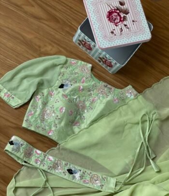 Pista Green Georgette Saree: Hand Embroidered Silk Blouse & Belt