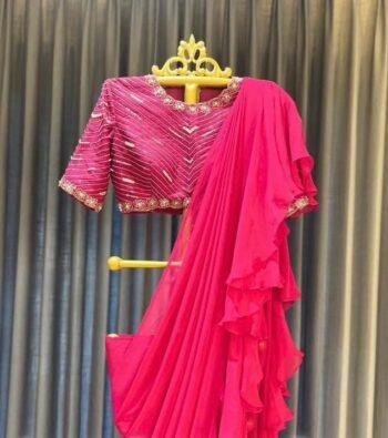 Pink Georgette Ruffle Saree: Hand-Embroidered Silk Blouse & Belt