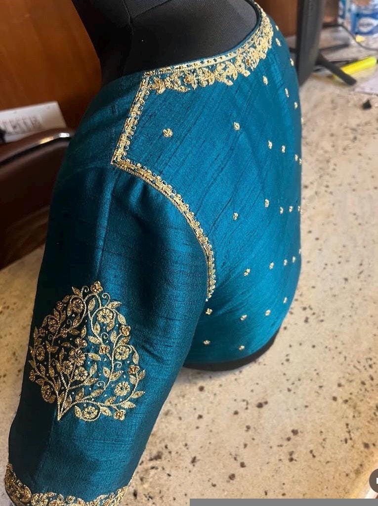 Hand Embroidered Silk Saree Blouse: Turquoise Blue Zardosi Maggam Work