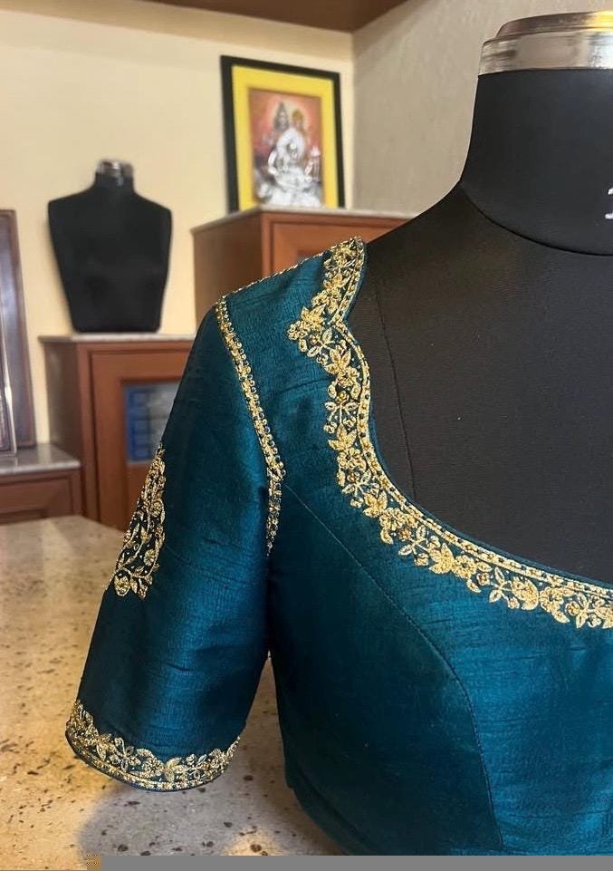 Hand Embroidered Silk Saree Blouse: Turquoise Blue Zardosi Maggam Work