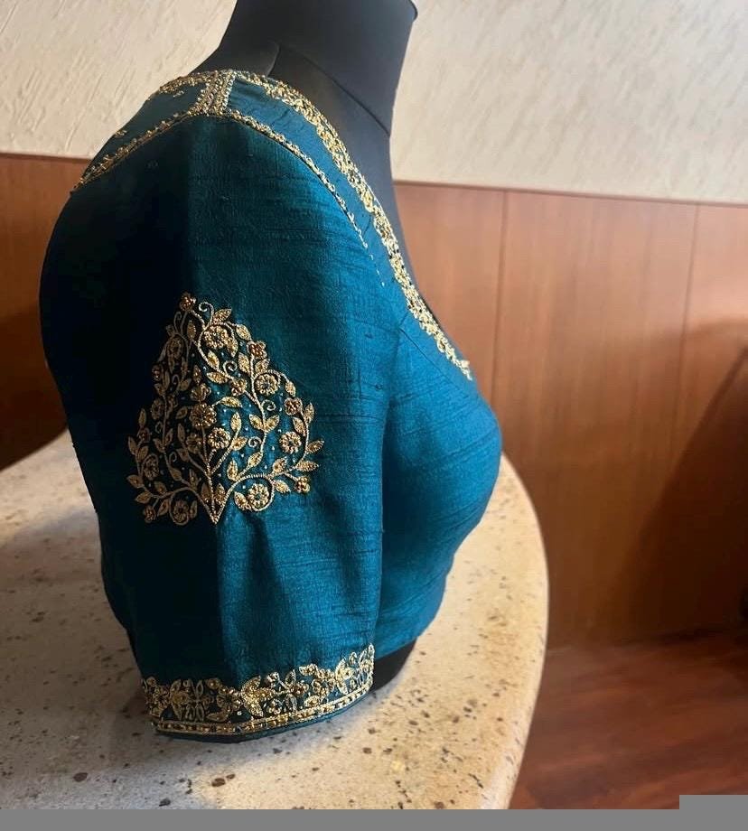 Hand Embroidered Silk Saree Blouse: Turquoise Blue Zardosi Maggam Work