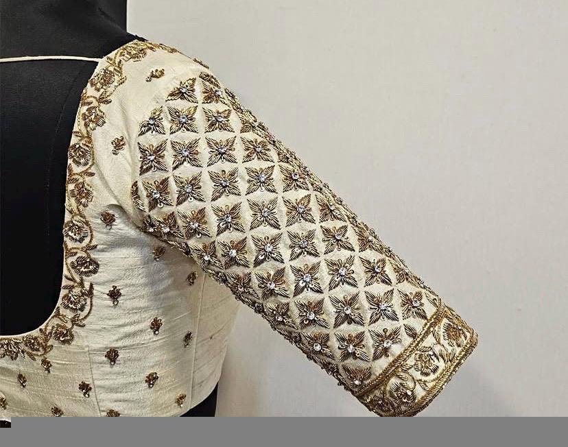 Hand Embroidered Zardosi Silk Blouse: Cream Maggam Work, Elbow Sleeves