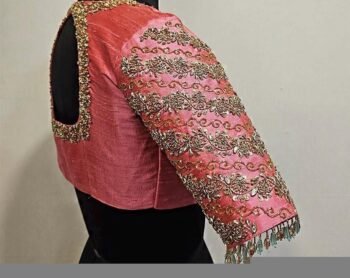 Peach Silk Hand Embroidered Blouse: Zardosi Sari Crop Top