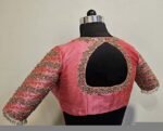 Peach Silk Hand Embroidered Blouse: Zardosi Sari Crop Top