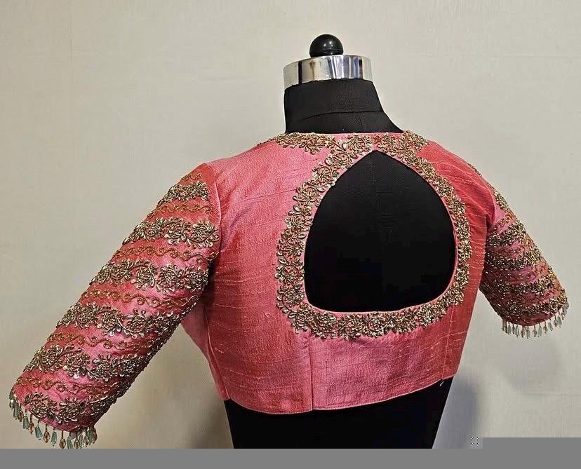 Peach Silk Hand Embroidered Blouse: Zardosi Sari Crop Top