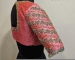 Peach Silk Hand Embroidered Blouse: Zardosi Sari Crop Top