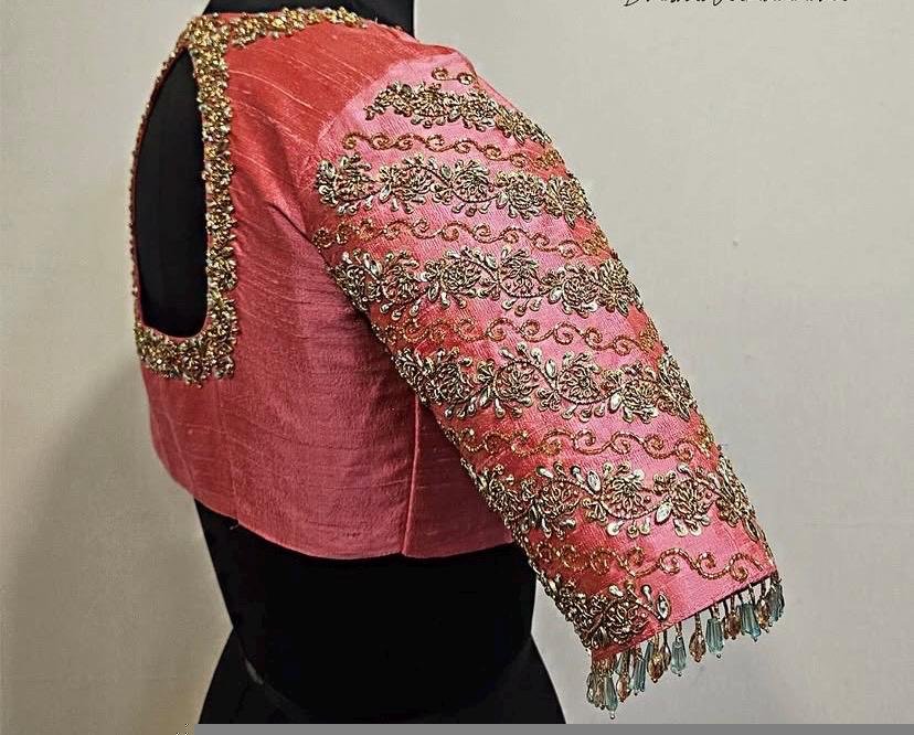 Peach Silk Hand Embroidered Blouse: Zardosi Sari Crop Top