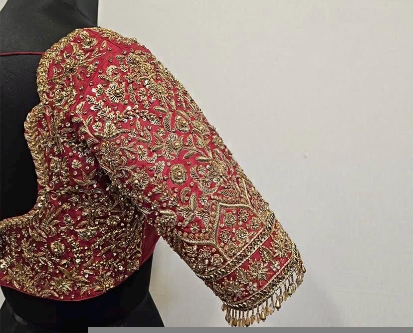 Hand Embroidered Raw Silk Blouse: Maroon Red Zardosi Bridal Top