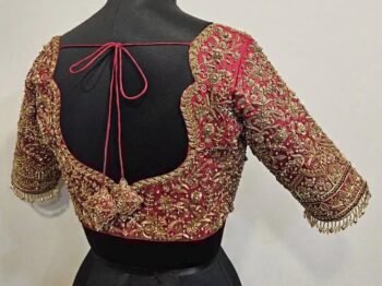 Hand Embroidered Raw Silk Blouse: Maroon Red Zardosi Bridal Top