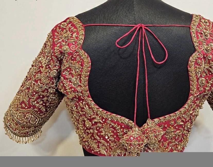 Hand Embroidered Raw Silk Blouse: Maroon Red Zardosi Bridal Top