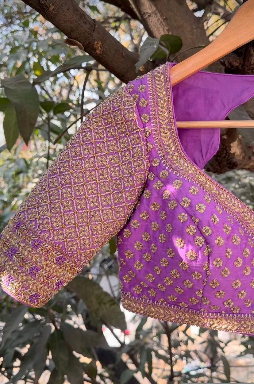 Lavender Silk Bridal Blouse: Hand Embroidered Zardosi Maggam Work lavender blouse,bridal maggam blouse,wedding blouse,saree blouses usa