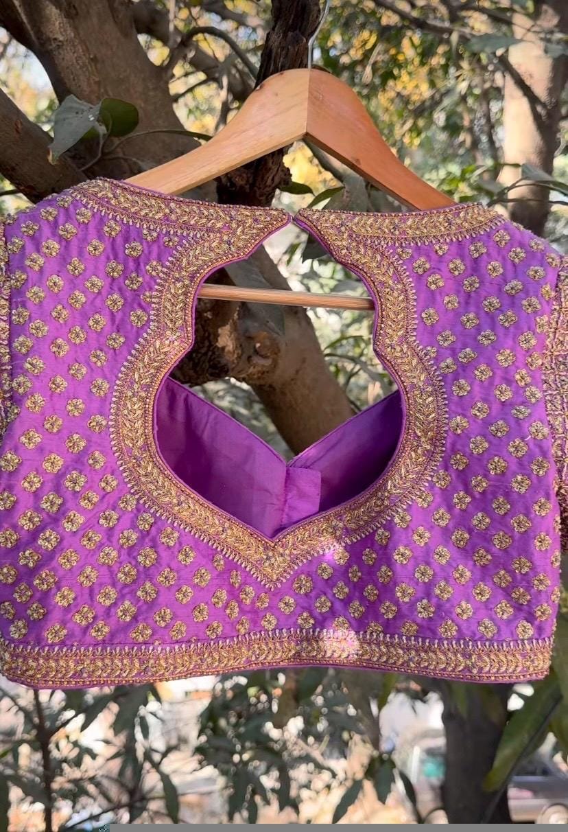 Lavender Silk Bridal Blouse: Hand Embroidered Zardosi Maggam Work lavender blouse,bridal maggam blouse,wedding blouse,saree blouses usa