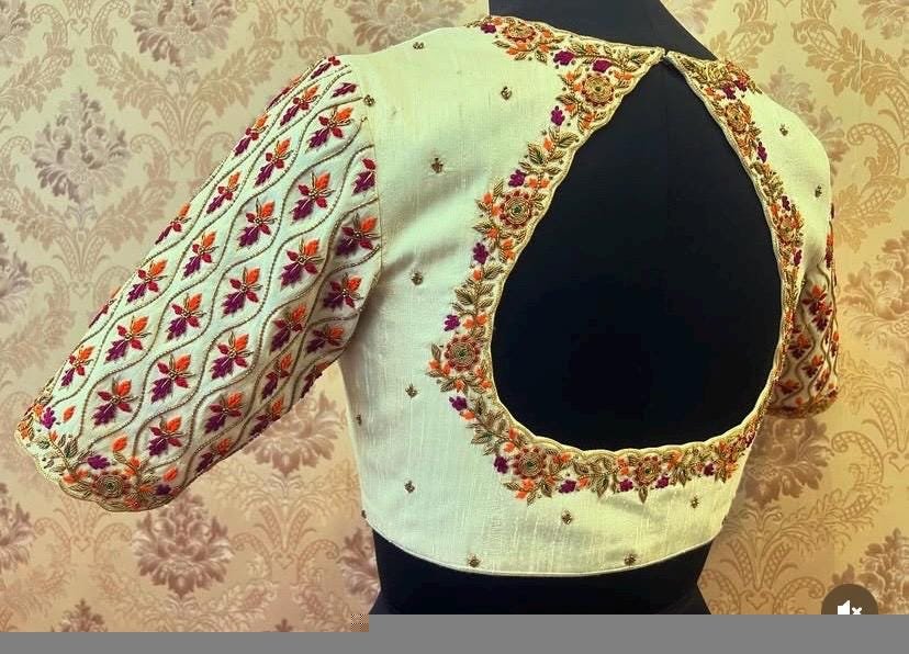 Hand Embroidered Zardosi Silk Blouse: Cream Maggam Work, Elbow Sleeves