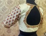 Hand Embroidered Zardosi Silk Blouse: Cream Maggam Work, Elbow Sleeves