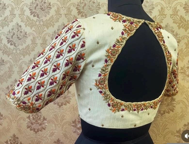 Hand Embroidered Zardosi Silk Blouse: Cream Maggam Work, Elbow Sleeves