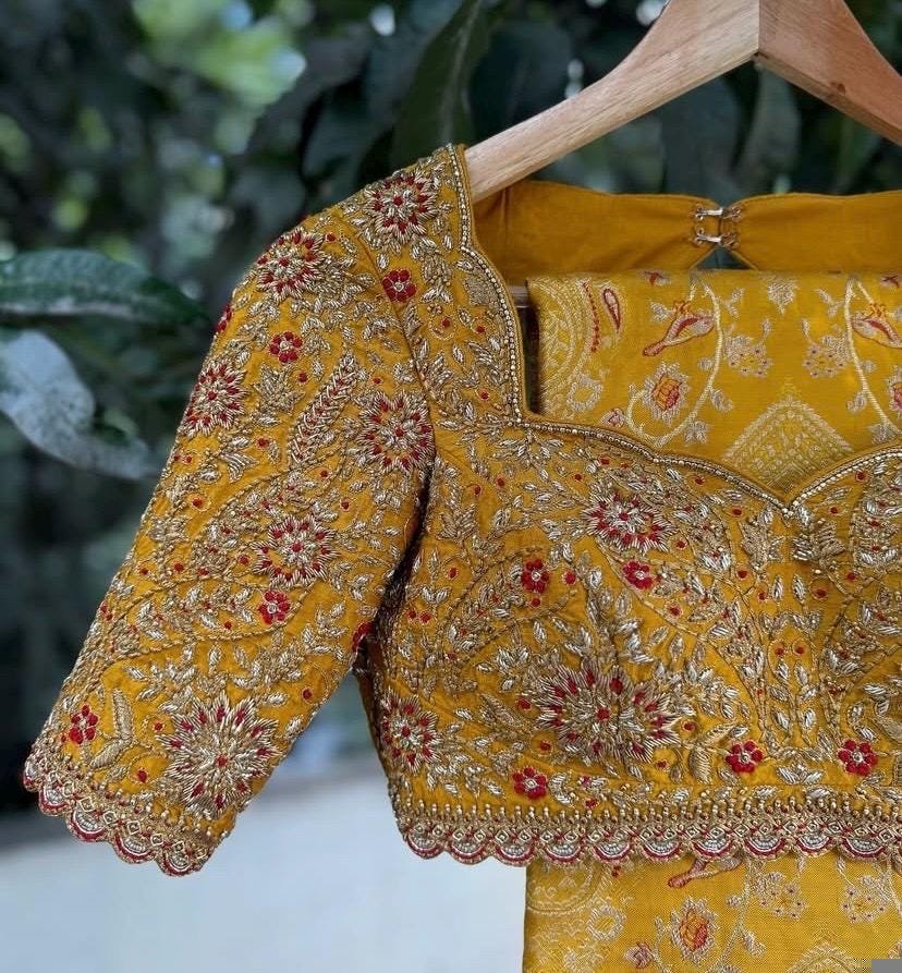 Hand Embroidered Silk Bridal Blouse: Mustard Yellow Zardosi Maggam Work