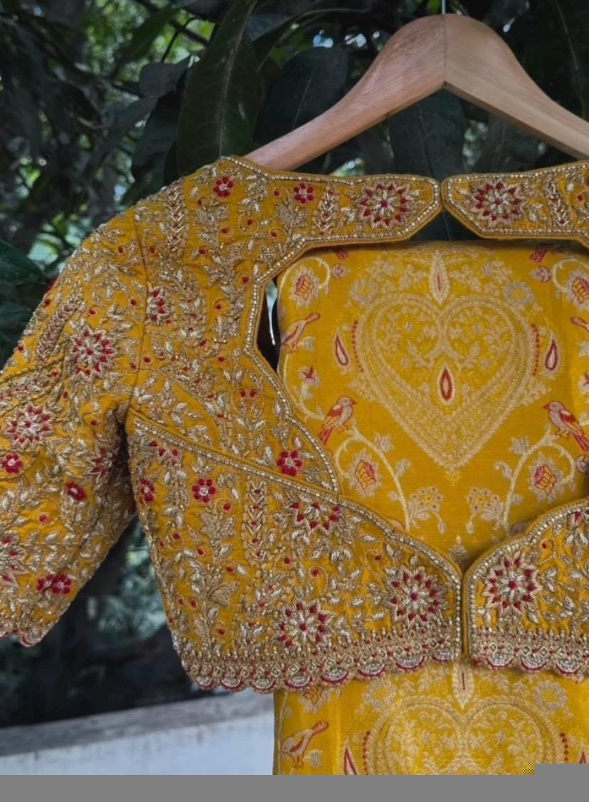 Hand Embroidered Silk Bridal Blouse: Mustard Yellow Zardosi Maggam Work