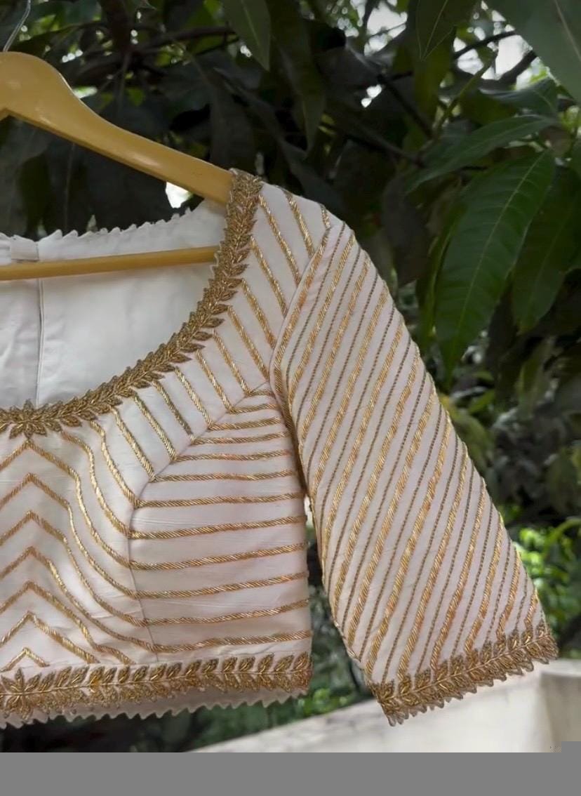 Hand Embroidered Zardosi Silk Blouse: Cream Saree Top