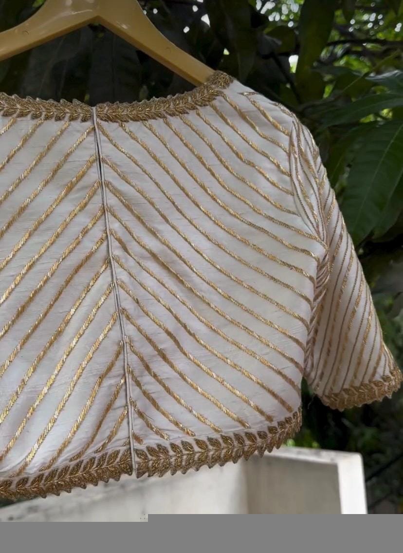Hand Embroidered Zardosi Silk Blouse: Cream Saree Top