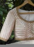 Hand Embroidered Zardosi Silk Blouse: Cream Saree Top