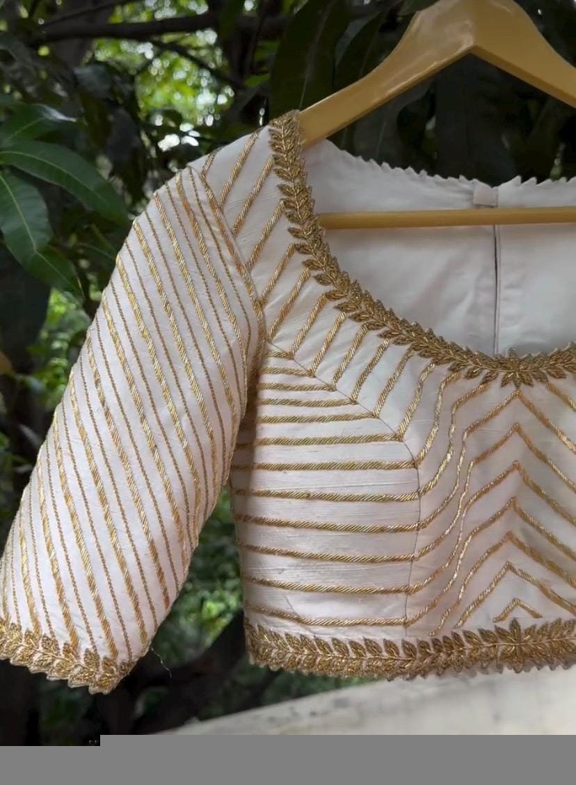 Hand Embroidered Zardosi Silk Blouse: Cream Saree Top