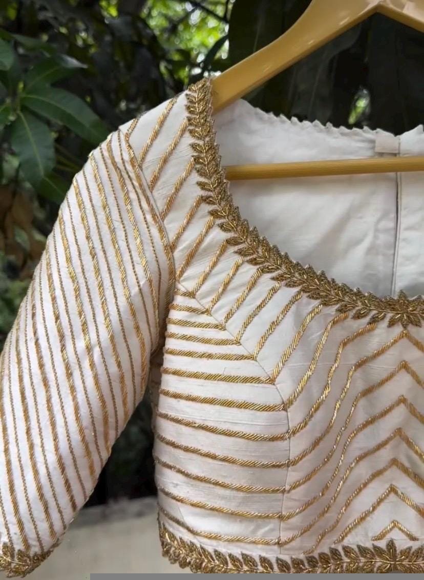 Hand Embroidered Zardosi Silk Blouse: Cream Saree Top