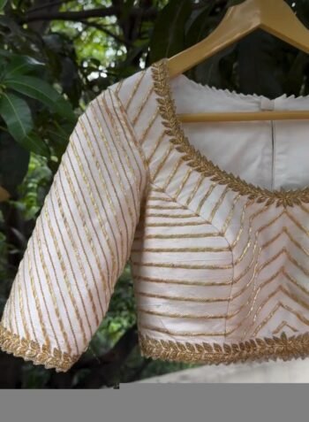 Hand Embroidered Zardosi Silk Blouse: Cream Saree Top