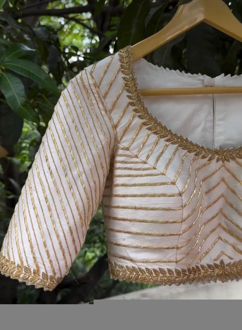 Hand Embroidered Zardosi Silk Blouse: Cream Saree Top