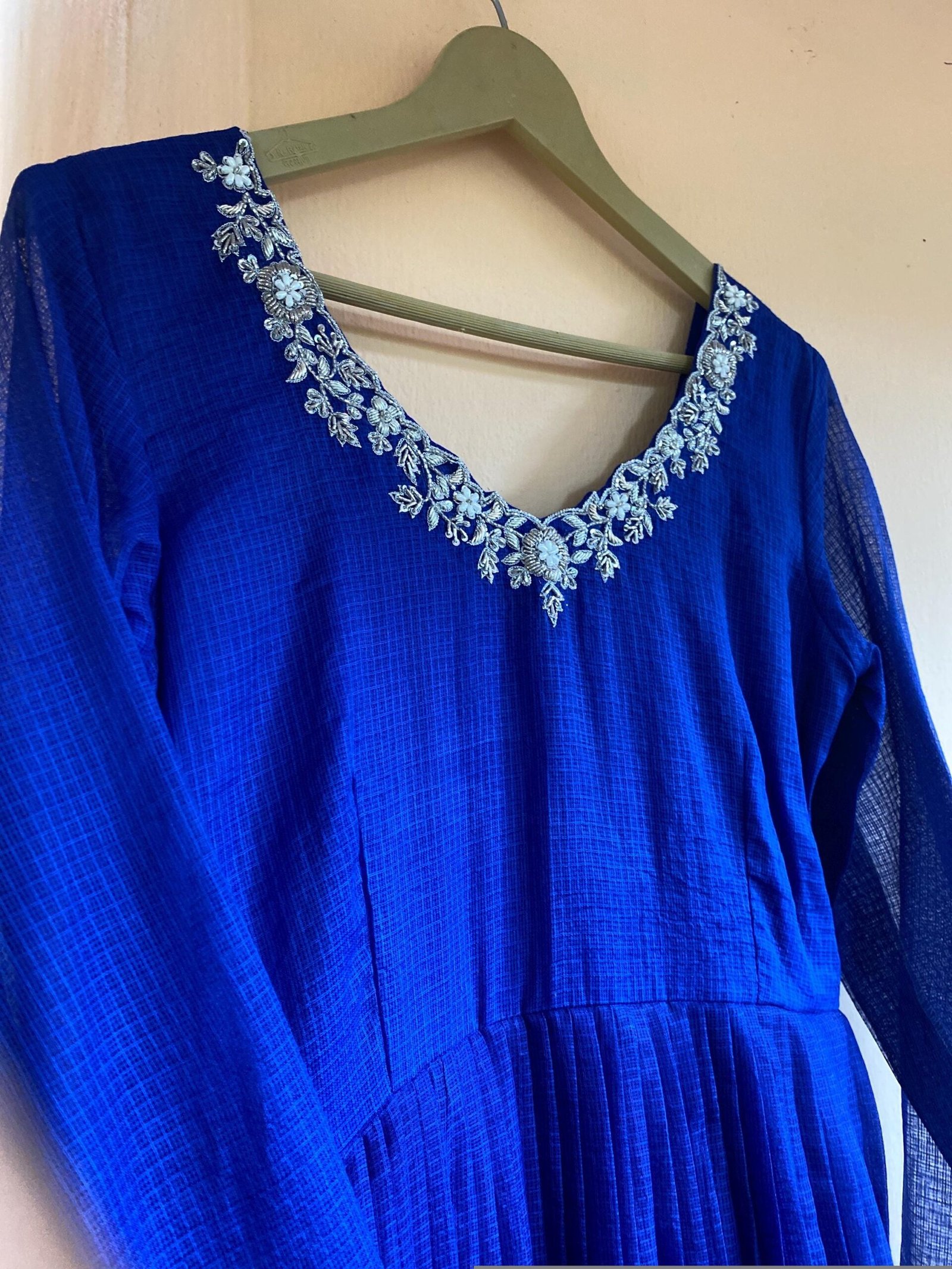 Hand Embroidered Kota Cotton Anarkali Dress: Royal Blue Indian Dress, cotton kurta,cotton kots kurta,handwork dress,summer dress,handwork dr