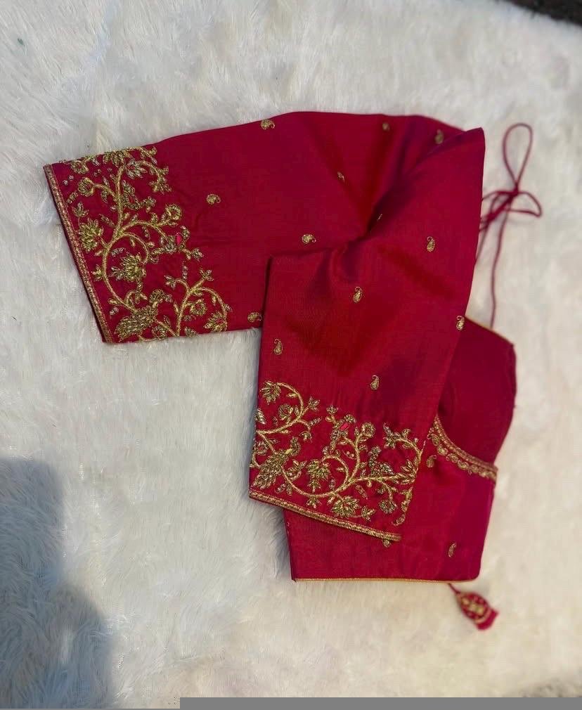 Hand Embroidered Red Silk Blouse: Zardosi Maggam Work, Elbow Sleeves