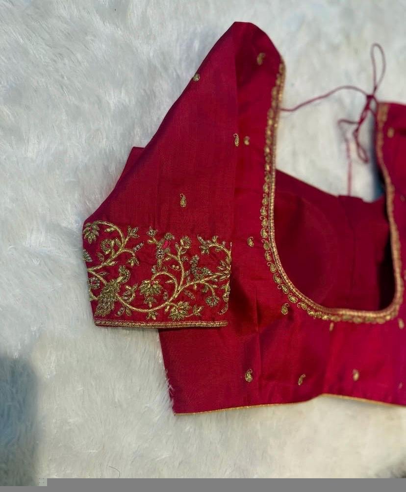 Hand Embroidered Red Silk Blouse: Zardosi Maggam Work, Elbow Sleeves