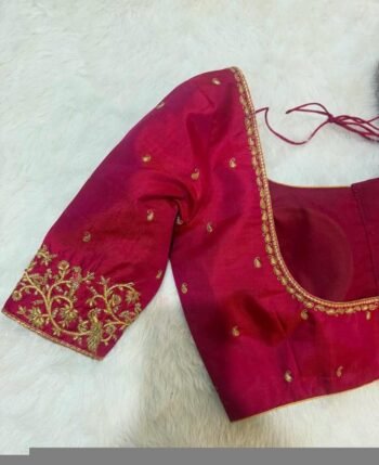 Hand Embroidered Red Silk Blouse: Zardosi Maggam Work, Elbow Sleeves