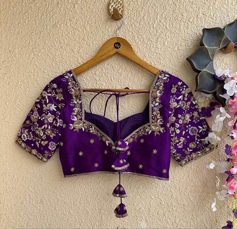 Purple Zardosi Bridal Blouse: Hand Embroidered Silk Maggam Work