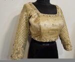 Hand Embroidered Pure Silk Saree Blouse: Golden Zardosi Tissue, Full Sleeve