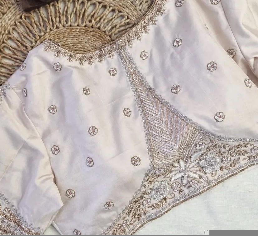 Hand Embroidered Raw Silk Blouse: Cream Zardosi Maggam Work,mix and match blouse,plus size blouse,hand work blouse,maggam work blouse,cream