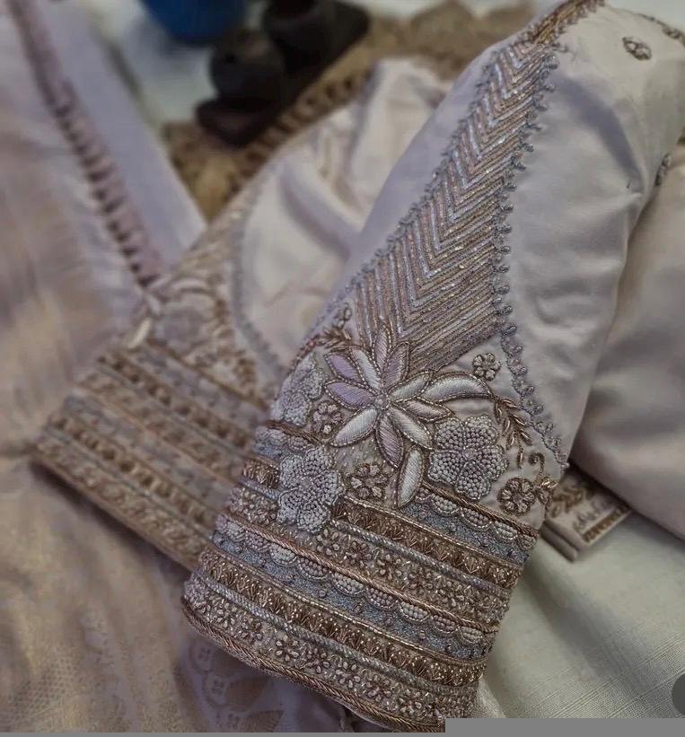 Hand Embroidered Raw Silk Blouse: Cream Zardosi Maggam Work,mix and match blouse,plus size blouse,hand work blouse,maggam work blouse,cream
