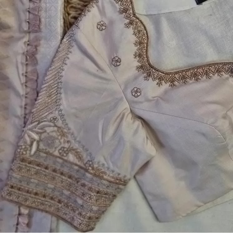 Hand Embroidered Raw Silk Blouse: Cream Zardosi Maggam Work,mix and match blouse,plus size blouse,hand work blouse,maggam work blouse,cream