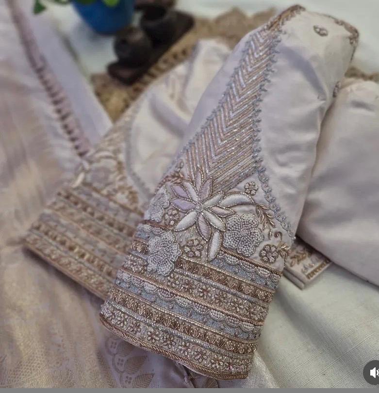 Hand Embroidered Raw Silk Blouse: Cream Zardosi Maggam Work,mix and match blouse,plus size blouse,hand work blouse,maggam work blouse,cream
