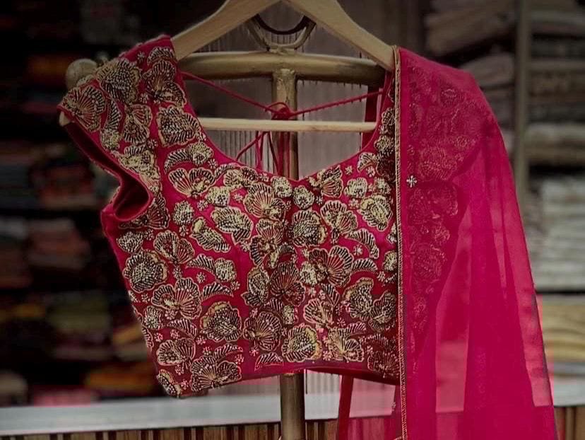 Red Zardosi Embroidered Silk Blouse: Hand-stitched Maggam Saree Crop Top