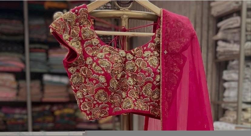 Red Zardosi Embroidered Silk Blouse: Hand-stitched Maggam Saree Crop Top