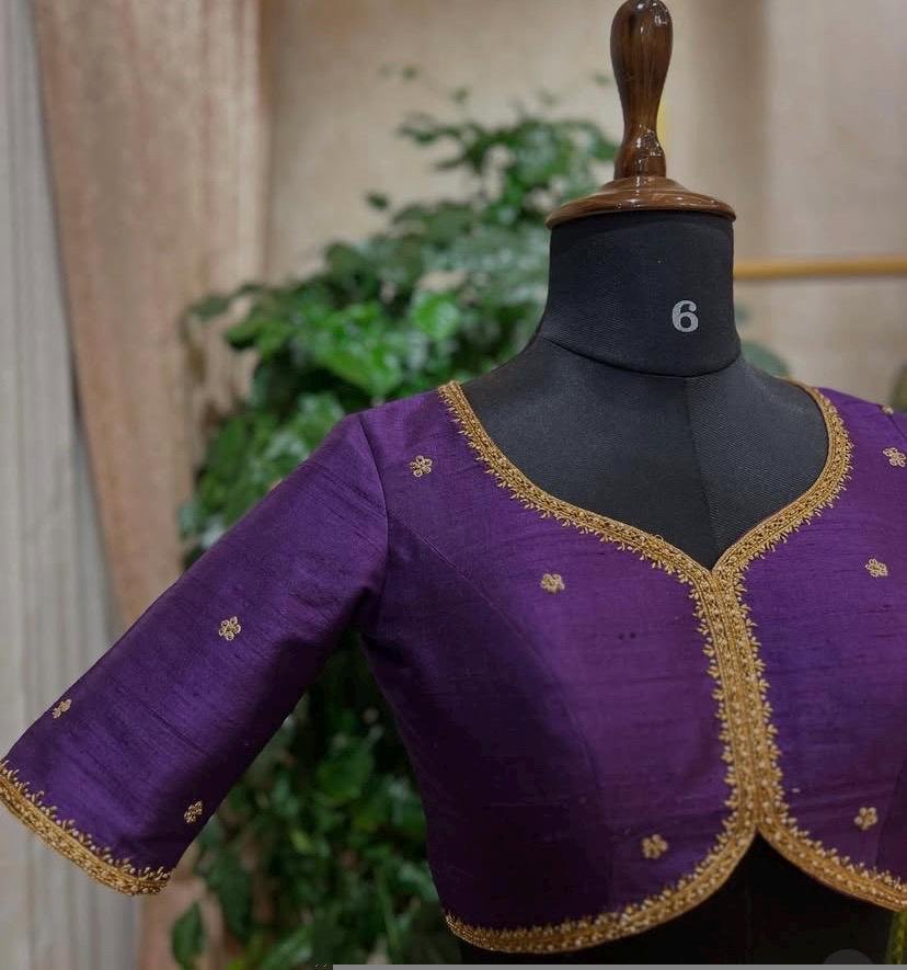 Purple Silk Hand Embroidered Saree Blouse: Zardosi Maggam Work, plus size blouses,handwork blouse,purple maggam blouse,Mix and match blouse