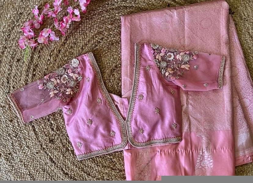 Hand Embroidered Zardosi Silk Blouse: Light Pink Maggam Work