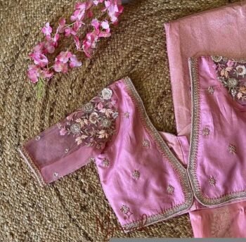 Hand Embroidered Zardosi Silk Blouse: Light Pink Maggam Work