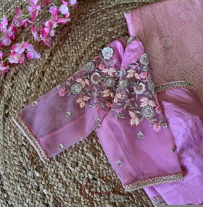 Hand Embroidered Zardosi Silk Blouse: Light Pink Maggam Work